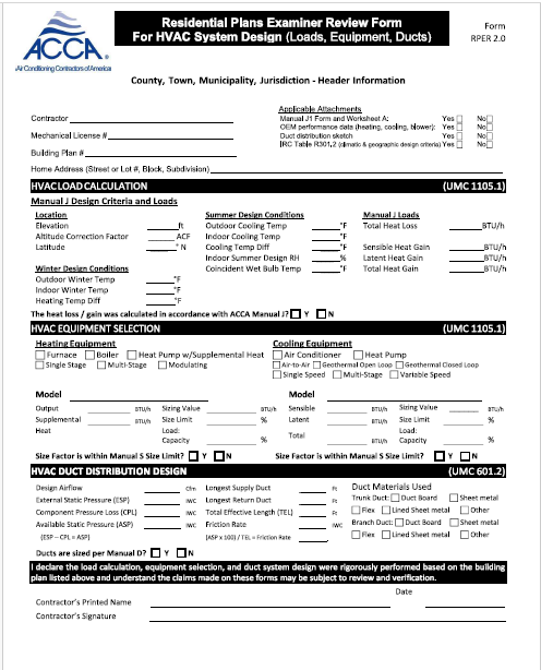 Blank Manual S HVAC equipment selection form used with Manual J load calculations for proper AC sizing in South Texas