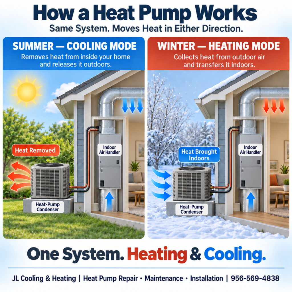 Diagram showing how a residential heat pump air handler and condenser provide cooling in summer and heating in winter.