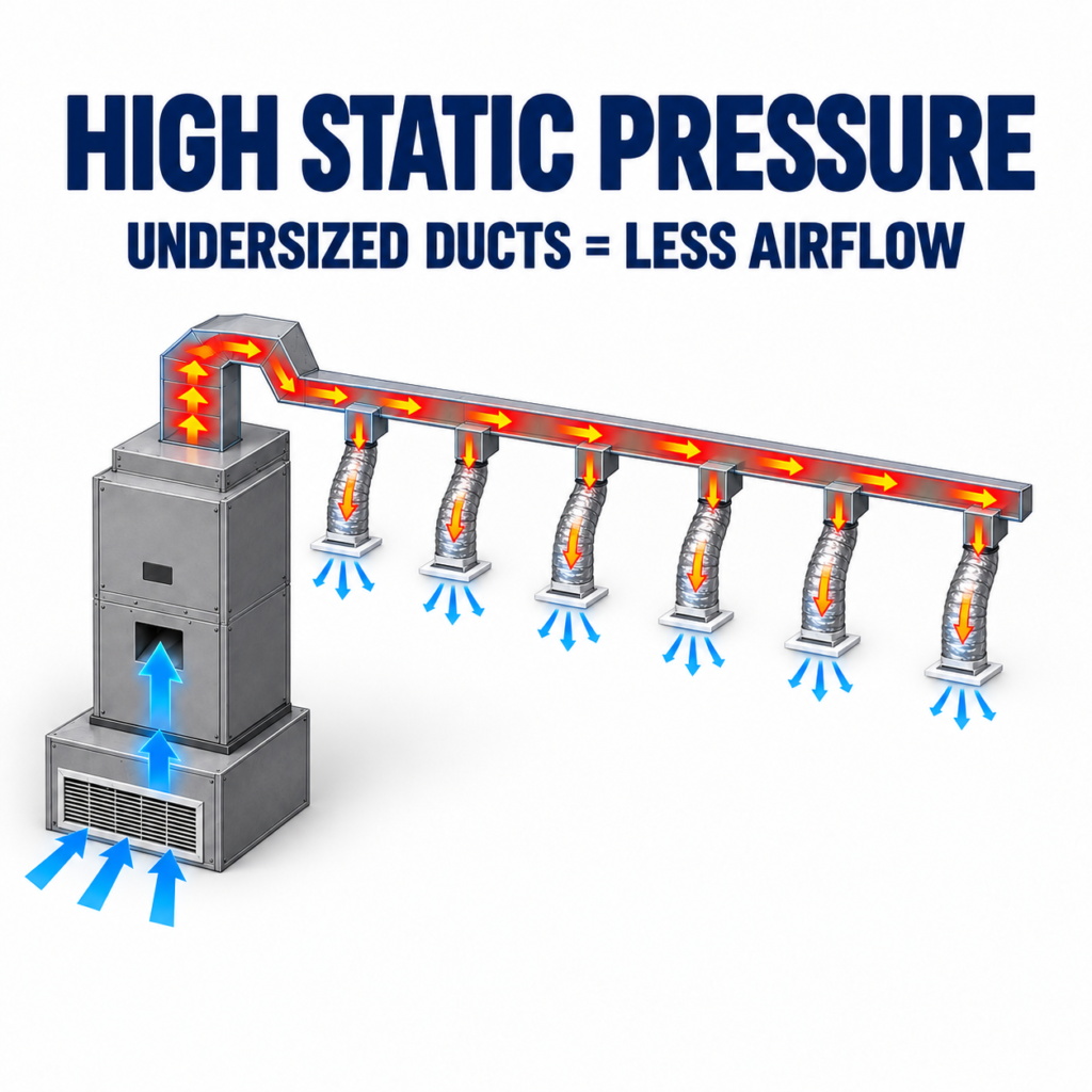 Undersized HVAC supply ducts causing high static pressure and reduced airflow